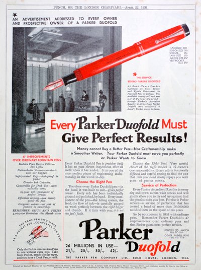 Publicité pour les stylos Parker, 1931 - Unbekannt