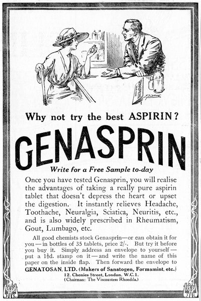 Publicité pour Genasprin, une marque déposée du médicament Aspirin, 1919 - Unbekannt