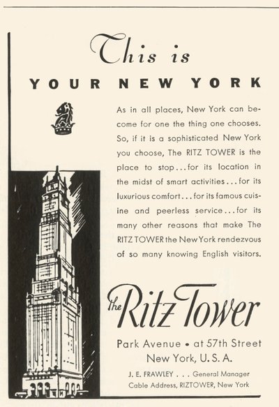 Publicité pour le Ritz Tower Hotel à New York, 1934 - Unbekannt