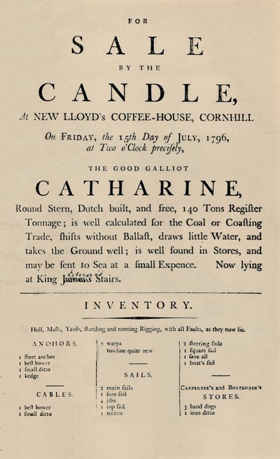 Annonce de vente par bougie chez Lloyds, 1796 - Unbekannt