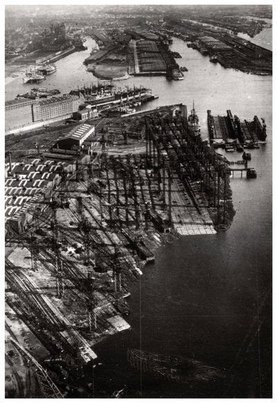 Vue aérienne du chantier naval Bremer Vulkan, Brême, Allemagne, depuis un Zeppelin, vers 1931-1933 - Unbekannt