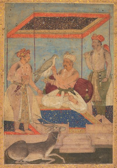 Akbar et Jahangir examinent un faucon Ghir tandis que le prince Khusrau se tient derrière, c. 1602-1604 - Unbekannt