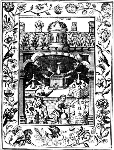 Laboratoire alchimique montrant diverses formes de fourneaux et de vaisseaux, 1652 - Unbekannt