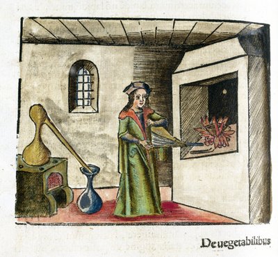 Alchimie XVIe siècle: un alchimiste au travail, activant un soufflet devant la cheminée de son atelier, derrière lui, un poêle et un alambic - Unbekannt