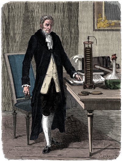 Alessandro Volta, physicien italien, démontrant sa pile électrique - Unbekannt