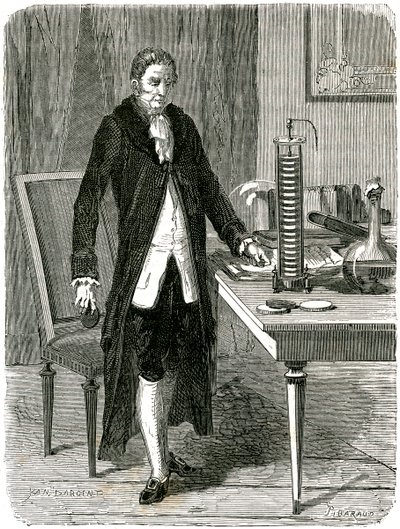 Alessandro Volta, physicien italien, démontrant sa pile électrique, vers 1800 vers 1870 - Unbekannt