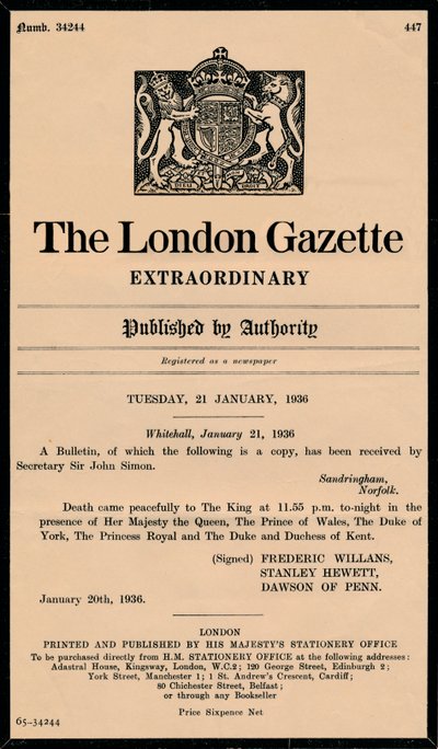 Un bulletin extraordinaire de la London Gazette annonçant la mort du roi George V, 1865-1936 - Unbekannt