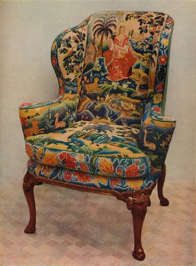 Un fauteuil rembourré avec ailes, cadre en noyer sculpté et couverture originale en broderie de soie, 17e siècle - Unbekannt
