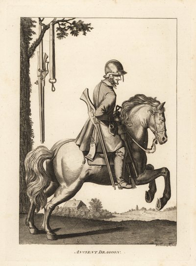 Ancien dragon à cheval avec casque, mousquet et corne à poudre - Unbekannt