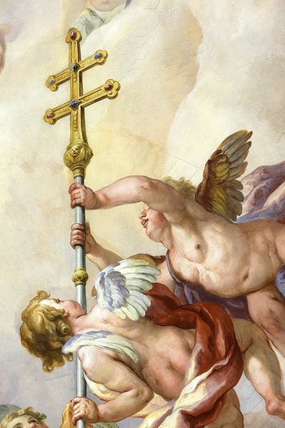 Anges tenant une croix. Fresque de Johann Michael Rottmayr. Karlskirche. Église Saint-Charles, Vienne, Autriche - Unbekannt