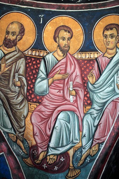 Représentation des apôtres autour du Christ et du Jugement dernier, détail de la fresque byzantine de la voûte du narthex de l