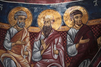 Représentation des apôtres autour du Christ et du Jugement dernier (détail), fresque byzantine de la voûte du narthex de l