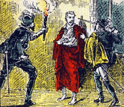 Assassinat de Gaspard de Coligny lors des massacres de la Saint-Barthélemy par un dénommé Besme le 24 août 1572. Gravure dans "Histoire de France". Série d