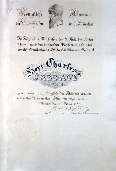 Diplôme de Babbage de la Konigliche Akademie der Wissenschaften München - Unbekannt