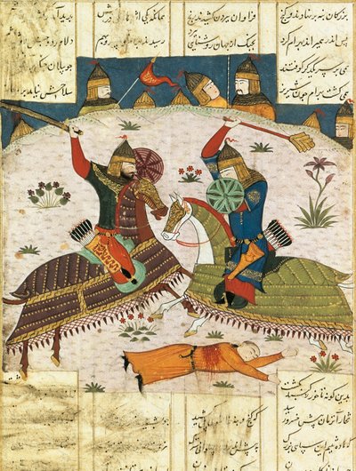 Attaque nocturne de Bahram Shubina sur le camp de Khusrau Parviz, vers 1420. Miniature peinte - Unbekannt