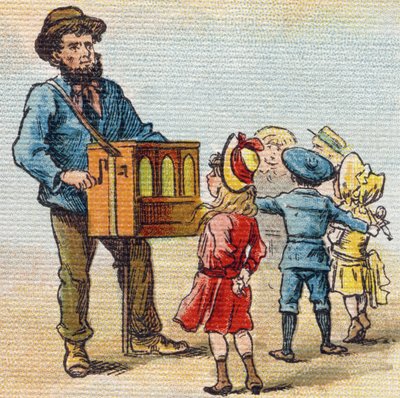 Orgue de Barbarie. Gravure dans « Alphabet de ma petite fille ». Bernardin-Bechet et Fils, libraires-éditeurs, Paris, vers 1895 - Unbekannt