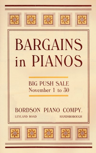 Promotions sur les pianos - Publicité de Bordson Piano Company, 1916 - Unbekannt