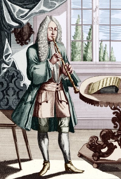 Musicien de hautbois baroque, légende - Homme jouant du hautbois (ou hautbois) qui est un ancien hautbois Gravure de J C Weigel (1661-1726) de Musikalisches Theatrum - Unbekannt