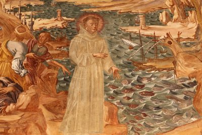 Basilique de Santa Caterina, Galatina, Apulie Fresque dans le cloître : Saint Antoine prêchant aux poissons peinte par Frère Joseph de Gravina en 1696, Galatina, Italie - Unbekannt