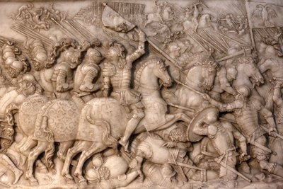 Basilique de Saint-Denis, Tombeau de François Ier roi de France et Claude de France, Bas-relief de la Fondation, Représentation de la bataille de Cérisoles, ici la cavalerie française face aux troupes impériales, Saint-Denis, France - Unbekannt