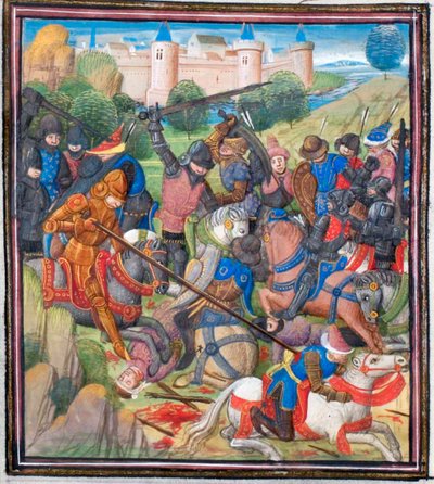 Bataille entre les Croisés sous Baudouin II de Jérusalem et les Sarrasins. Miniature de l