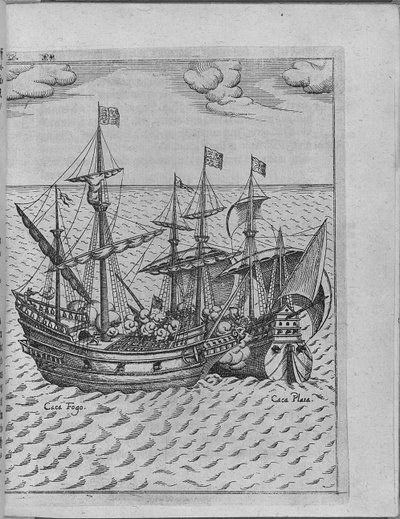 Bataille entre le navire Golden Hind de Francis Drake et le navire espagnol Cacafuego. De Levinus Hulsius - Unbekannt