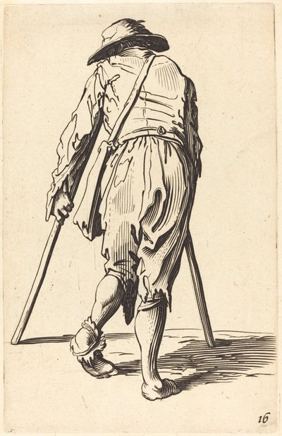Mendiant avec des béquilles et un chapeau, vue de dos - Unbekannt