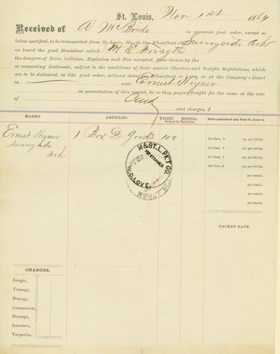 Connaissement, bateau à vapeur M[ary] E. Forsyth, Sunnyside, Arkansas, 1er novembre 1864 - Unbekannt