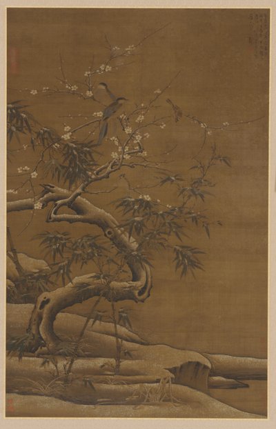 Oiseaux, fleurs de prunier et bambou en hiver, 16ème siècle - Unbekannt