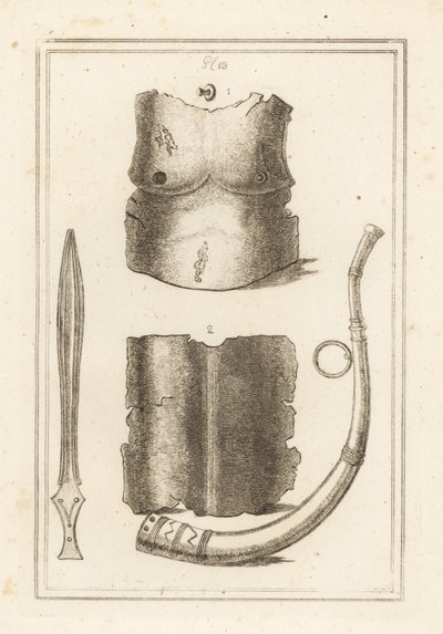 Plastron et dos de cuirasse romaine ancienne 1,2, lituus romain ou trompette militaire 3 et ancienne épée en laiton 4 - Unbekannt