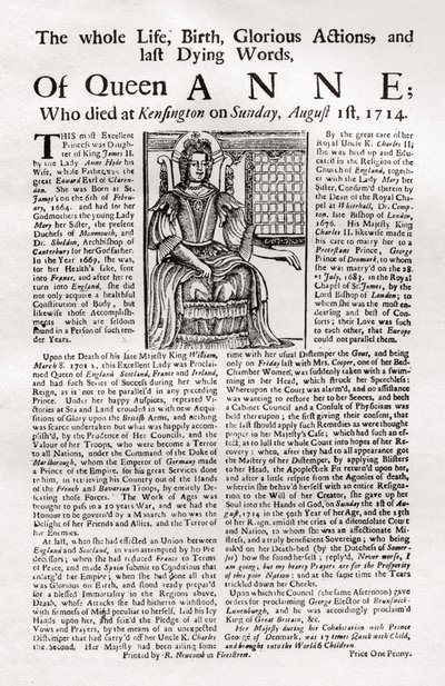 Broadsheet publié à la mort de la reine Anne, 1714 - Unbekannt