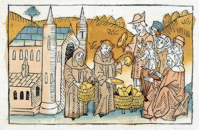 Distribution de pain par des frères du monastère aux pauvres. Vers 1477 - Unbekannt