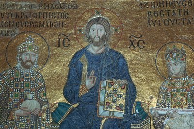 Mosaïque byzantine montrant le Christ en trône entre des dirigeants terrestres, 12e siècle - Unbekannt