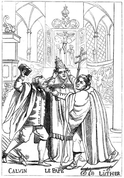 Calvin, Luther et le Pape se battant, publié en 1600 - Unbekannt