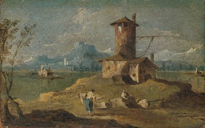 Capriccio avec une île, une tour et des maisons - Unbekannt