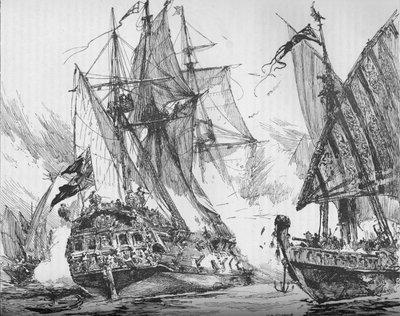 Le Capitaine Keigwin dans la Revanche, repoussant la flotte des Sevagees, 1884 - Unbekannt
