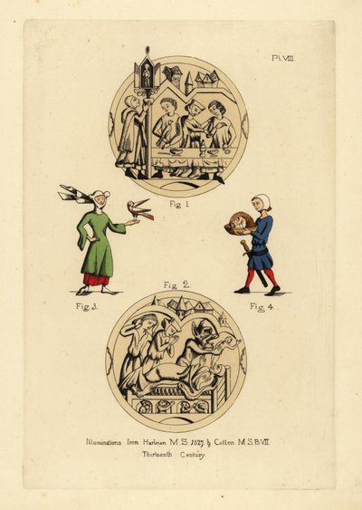 Festin avec des hommes en cyclas admonestés par un homme en coiffure légale et capuchon, scène de lit de mort avec le Diable prenant l