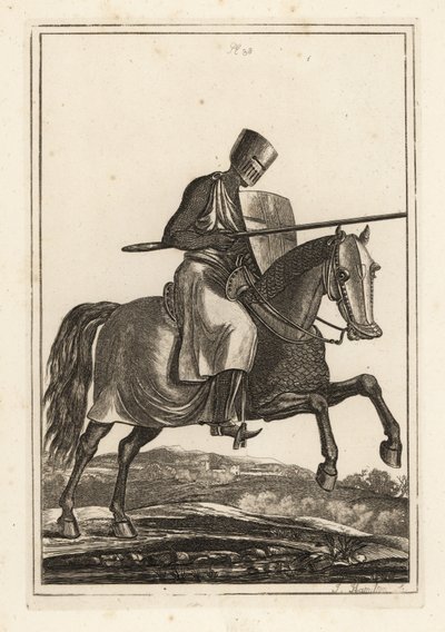 Chevalier en charge des XIIe et XIIIe siècles en cotte de mailles, casque plat, lance, bouclier en forme de poêle, jambières, selle de guerre - Unbekannt
