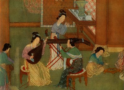 Luth chinois pi-pa, guitare lune yue-chin et cithare de table tchin, détail d