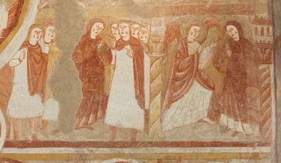 Église Saint-Martin. Intérieur. Peintures murales (fresque). Mur ouest de la nef. (détail) Accusation et annonciation de la Vierge. XIIe siècle. - Unbekannt