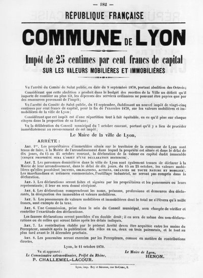 Commune de Lyon, des affiches politiques françaises de la Commune de Paris, mai 1871 - Unbekannt