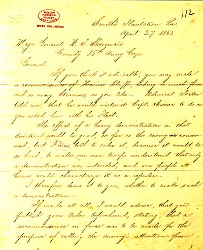 Copie contemporaine de la lettre de U. S. Grant, Plantation de Smith, Louisiane, au Général W. T. Sherman, 27 avril 1863 - Unbekannt