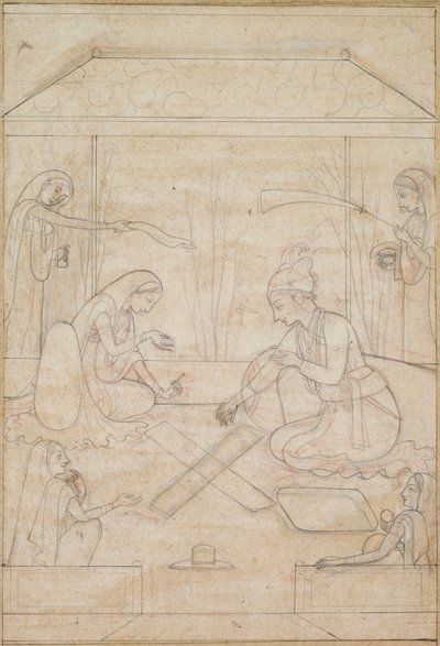 Couple jouant au Chaupar sur une terrasse, vers 1790-1800 - Unbekannt