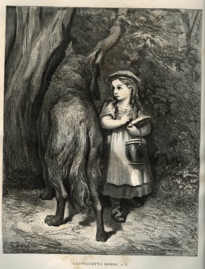 En traversant les bois, le Petit Chaperon rouge rencontre le loup. Gravure de Gustave Doré d