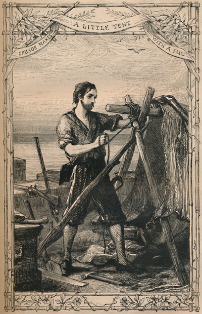 Crusoe fait une petite tente avec une voile, vers 1870 - Unbekannt