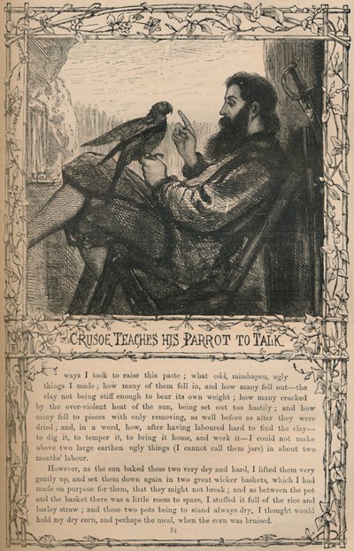 Crusoe apprend à son perroquet à parler, vers 1870 - Unbekannt