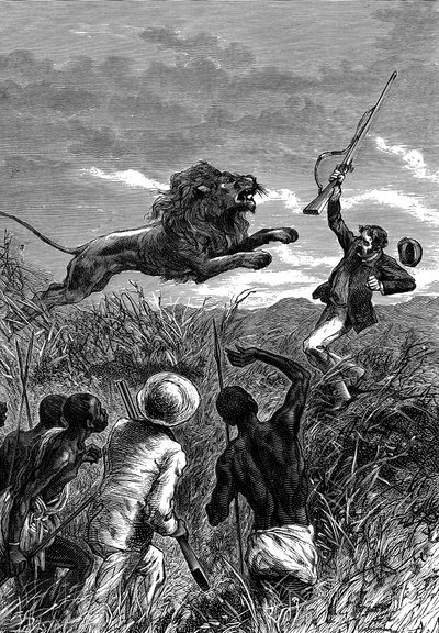 David Livingstone, missionnaire écossais et explorateur africain, attaqué par un lion, vers 1860 - Unbekannt