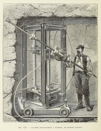 Machine de forage au diamant conçue par Georges Leschot, pub. 1883 gravure, 1883 - Unbekannt
