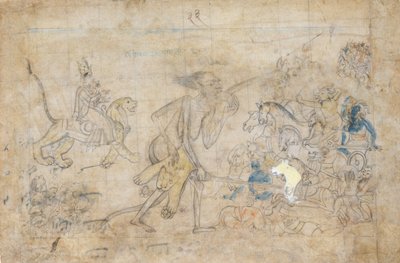 Durga et Kali approchent les armées rassemblées de Chanda et Munda, vers 1780 - Unbekannt
