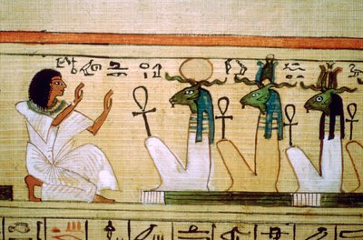 Livre des Morts égyptien, défunt agenouillé devant les dieux de l